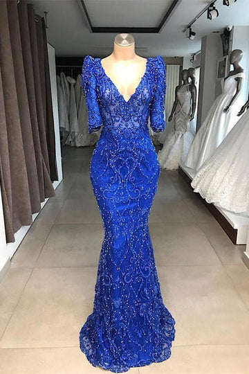 ROYAL BLUE BEADED LACE APPLIQUES 1/2 SLEEVE MERMAID PROM DRESS HZ1023